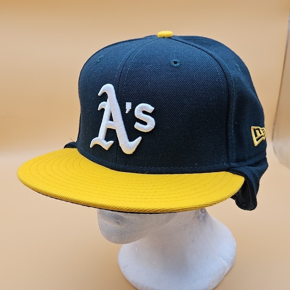 Oakland A's Hat Cap New Era Fitted 7 1/4 Ear Flap 59Fifty Green Yellow‎ MLB